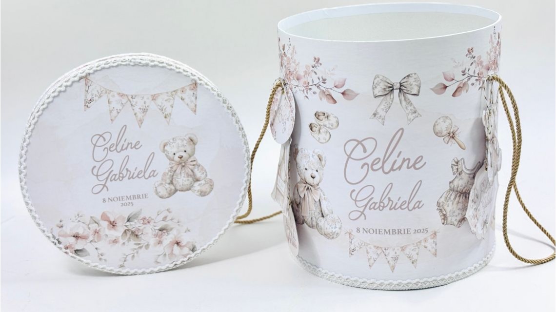 Trusou botez Nude Teddy Bear Toile de Jouy bej crem cu accente light pink și pattern floral vintage 39